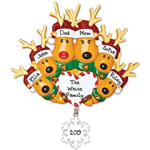 Reindeer Family with Santa Hat Personalized Ornament (Family of 6)