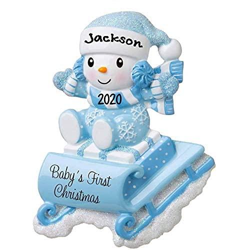 Snow Baby on Sled Personalized Ornament (Blue)