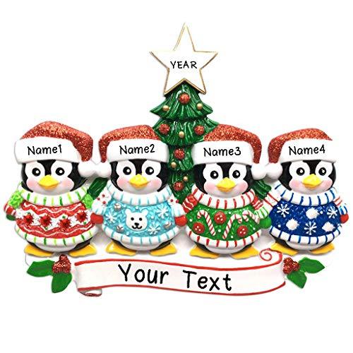 Ugly Christmas Sweater Penguin Family Personalized Ornament (Family of 4)