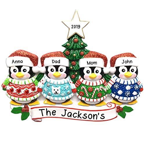 Ugly Christmas Sweater Penguin Family Personalized Ornament (Family of 4)