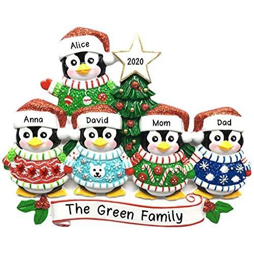 Ugly Christmas Sweater Penguin Family Personalized Ornament (Family of 5)