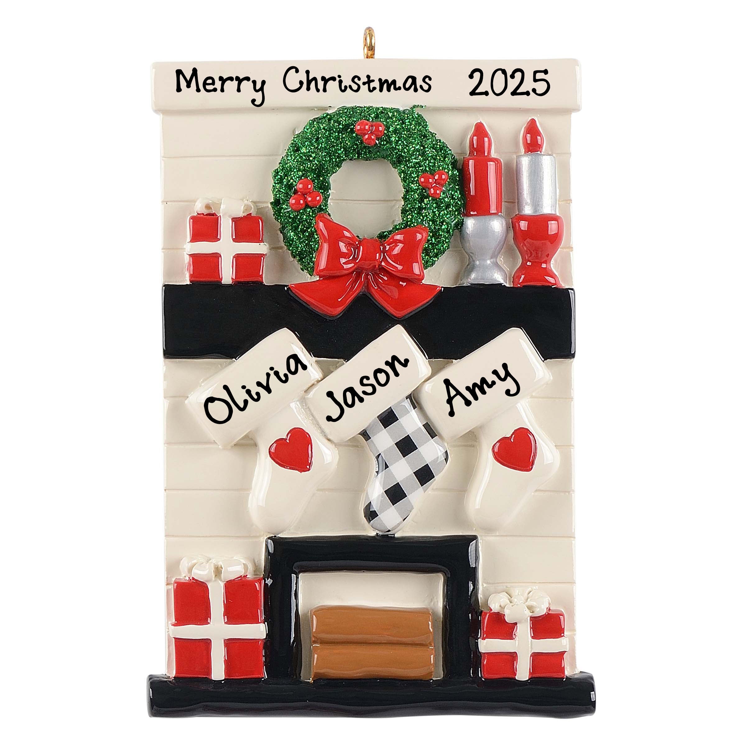 Personalized Gather Round Fireplace Mantle Ornament (Family of 3)
