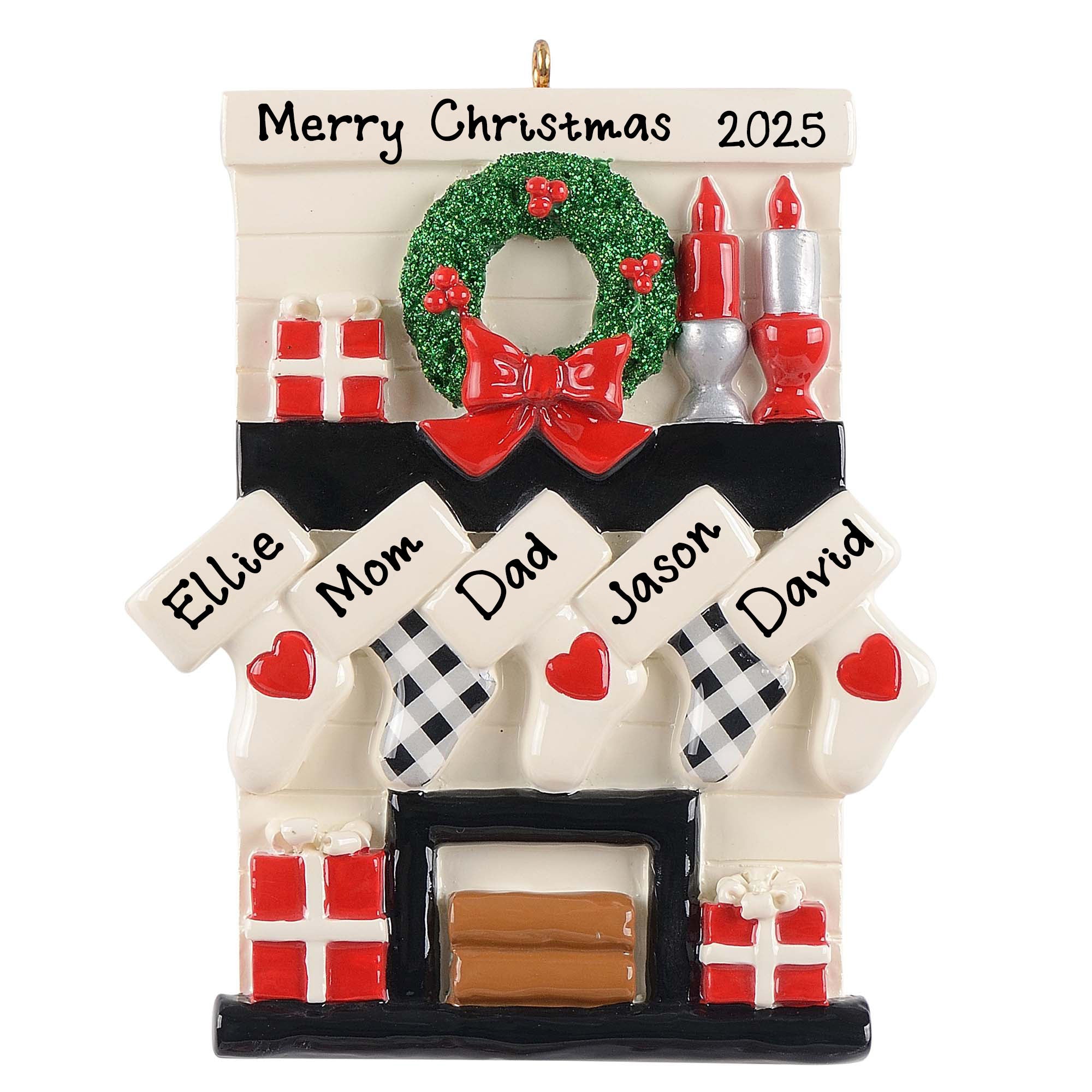 Personalized Gather Round Fireplace Mantle Ornament (Family of 5)