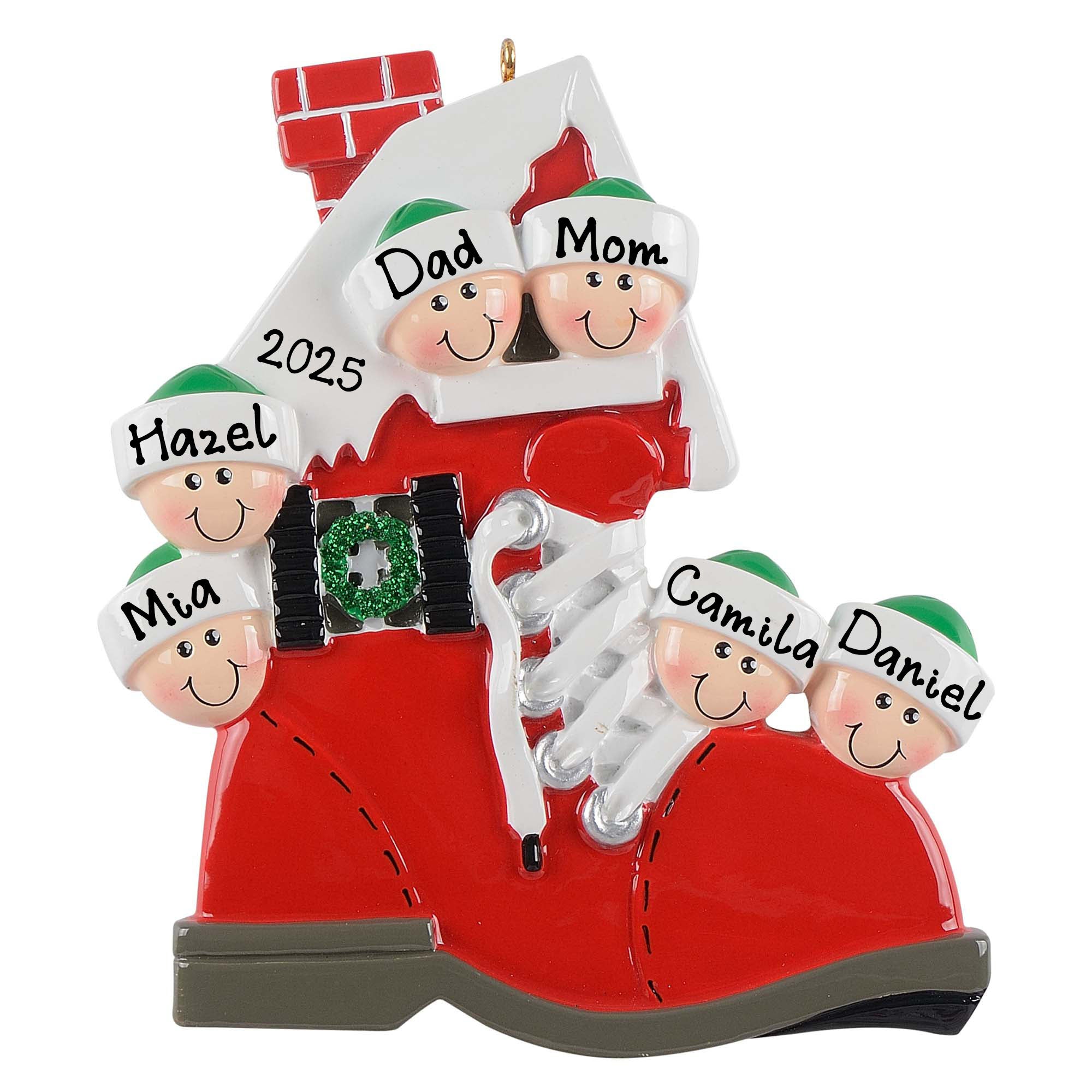 Personalized Santa Red Boot House Family Ornament (Family of 6)