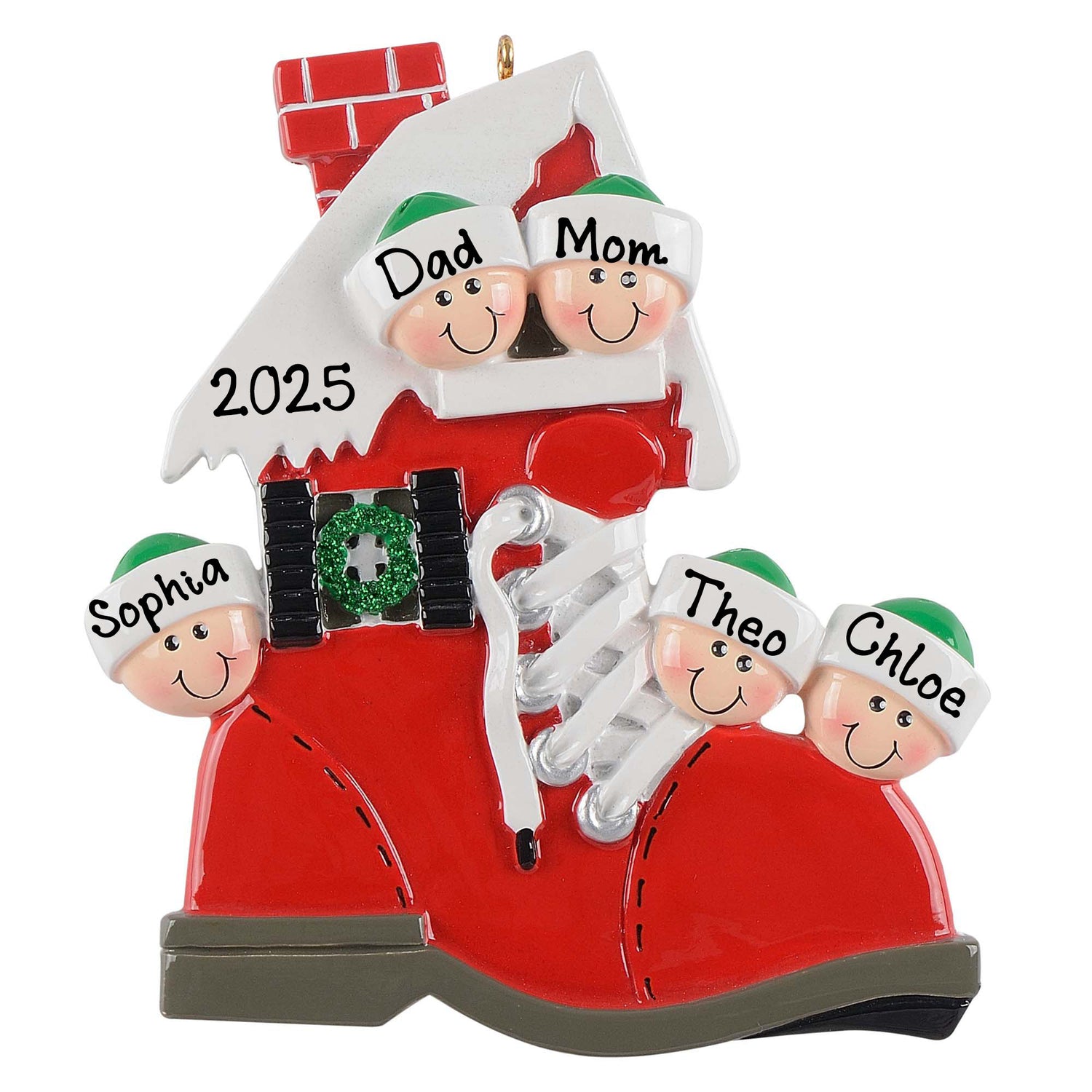 Personalized Santa Red Boot House Family Ornament (Family of 5)