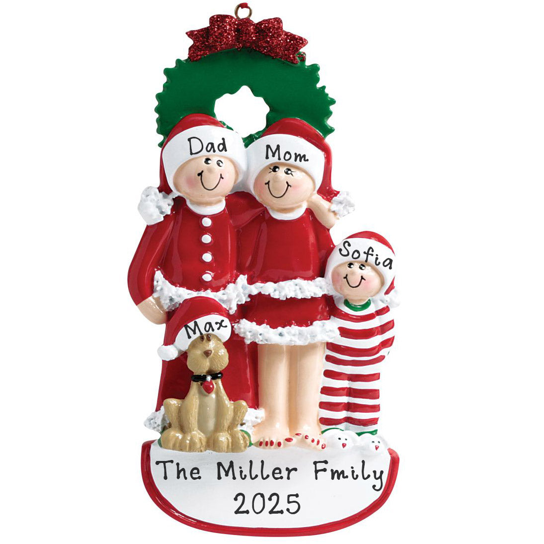 Family with Dog and Ribbon Personalized Ornament (Family of 3)