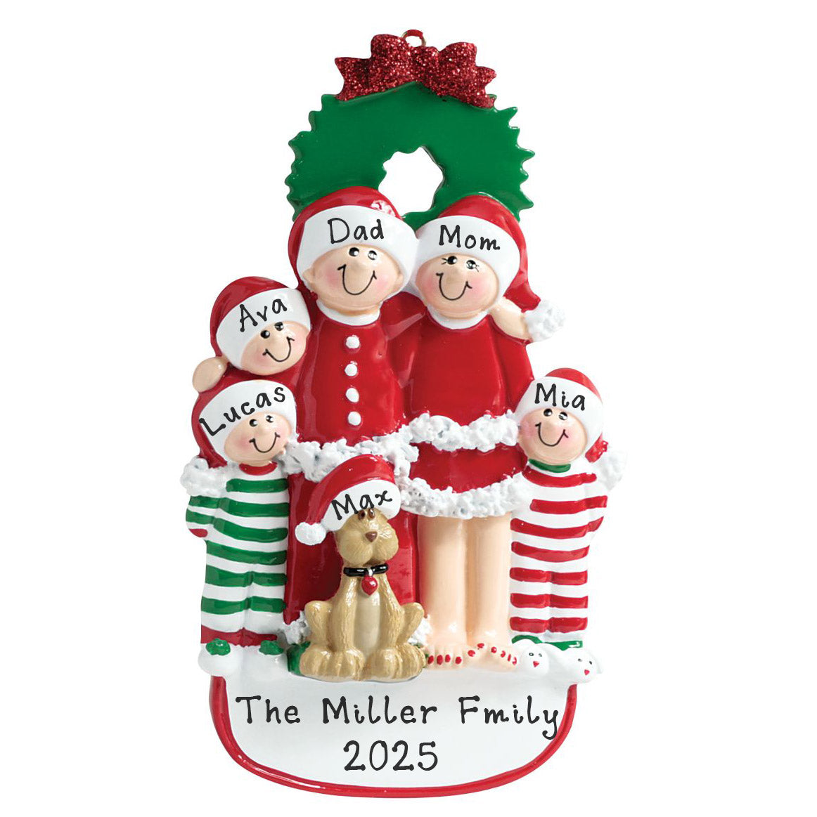 Family with Dog and Ribbon Personalized Ornament (Family of 5)