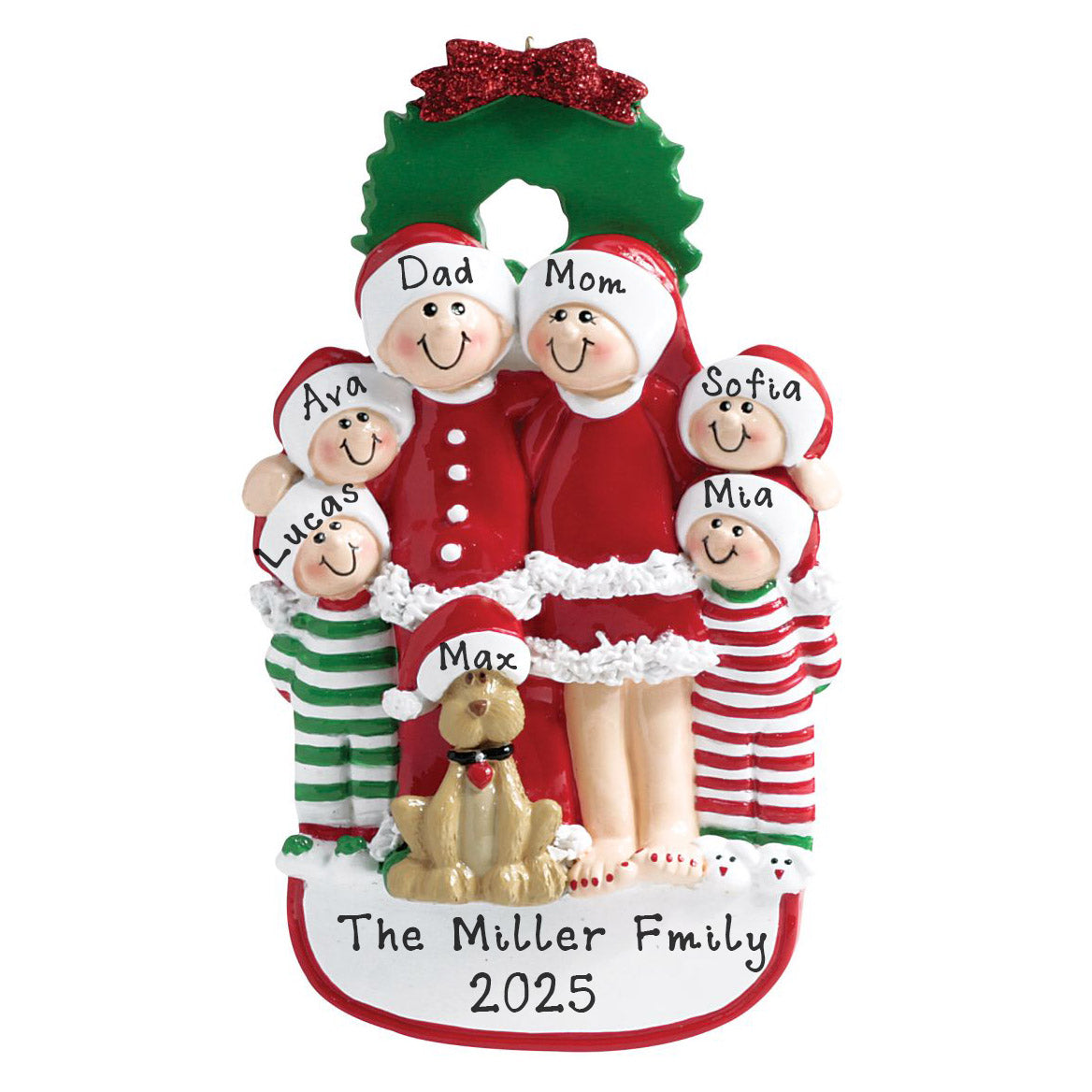 Family with Dog and Ribbon Personalized Ornament (Family of 6)