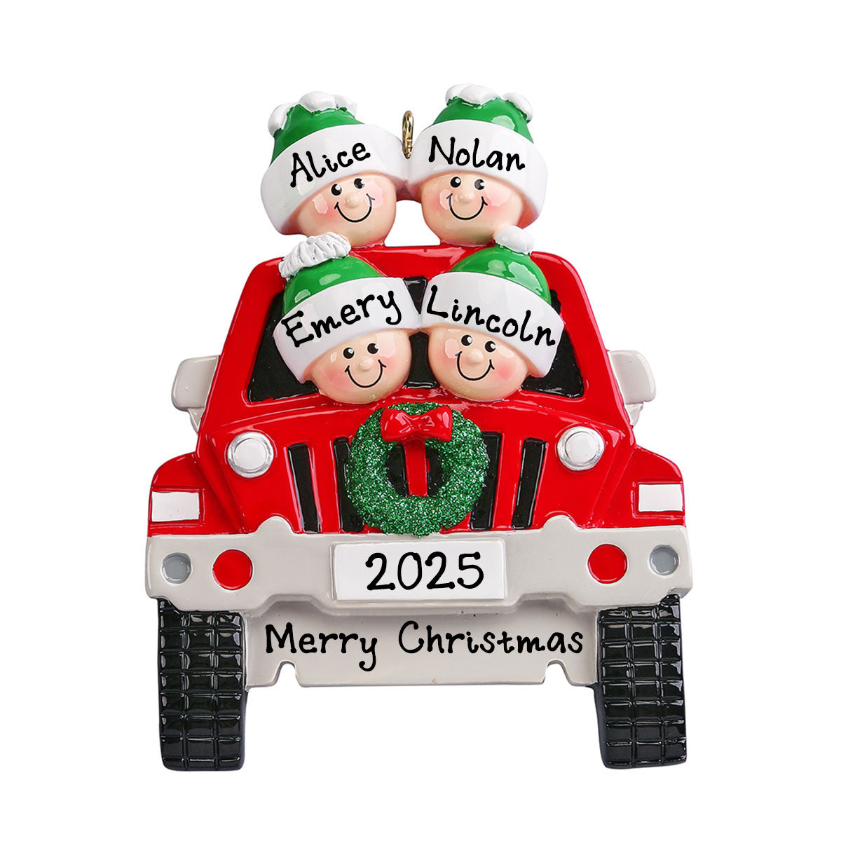 Personalized Red Vintage Car Christmas Ornament (Family of 4)