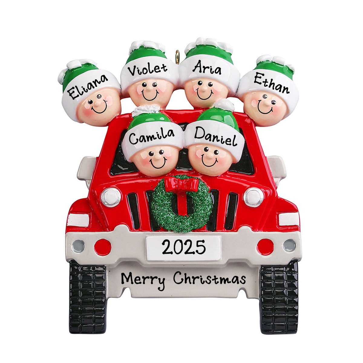 Personalized Red Vintage Car Christmas Ornament (Family of 6)
