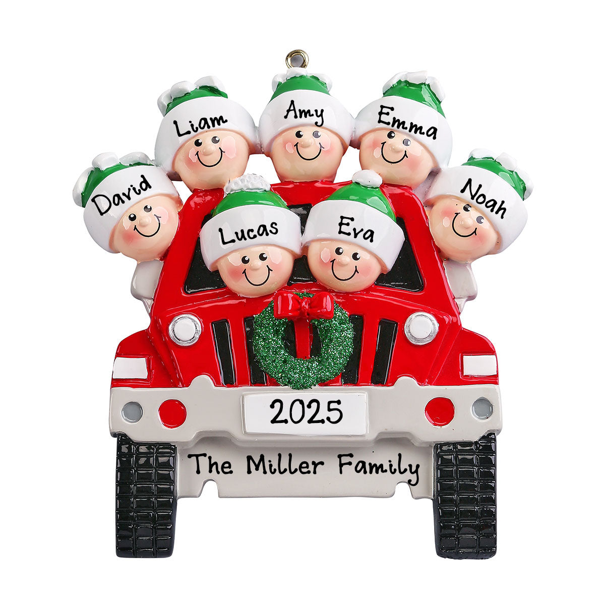 Personalized Red Vintage Car Christmas Ornament (Family of 7)