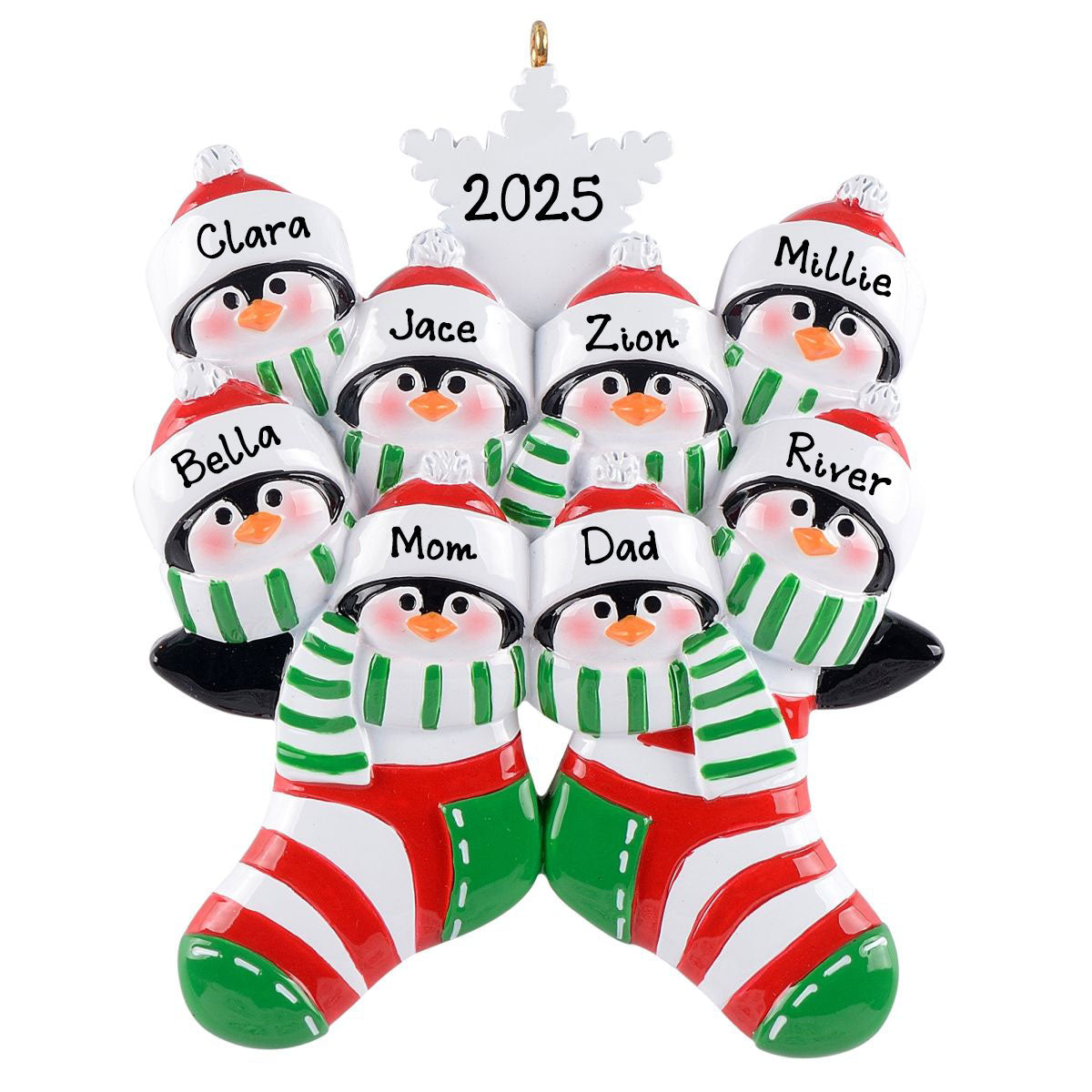 Personalized Penguin in Socks Family Ornament (Family of 8)