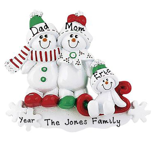 Snowman Sled Personalized Ornament (Family of 3)