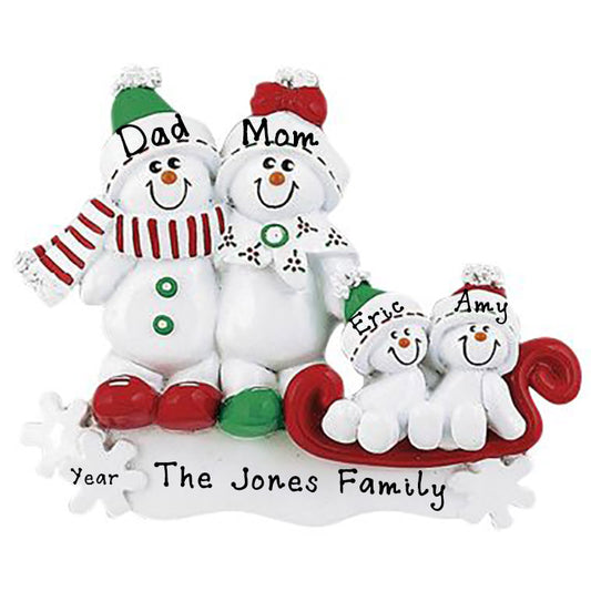 Snowman Sled Personalized Ornament (Family of 4)