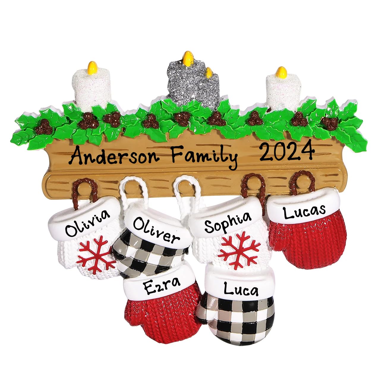 Personalized New Mitten Family Happy Ornament (Family of 6)