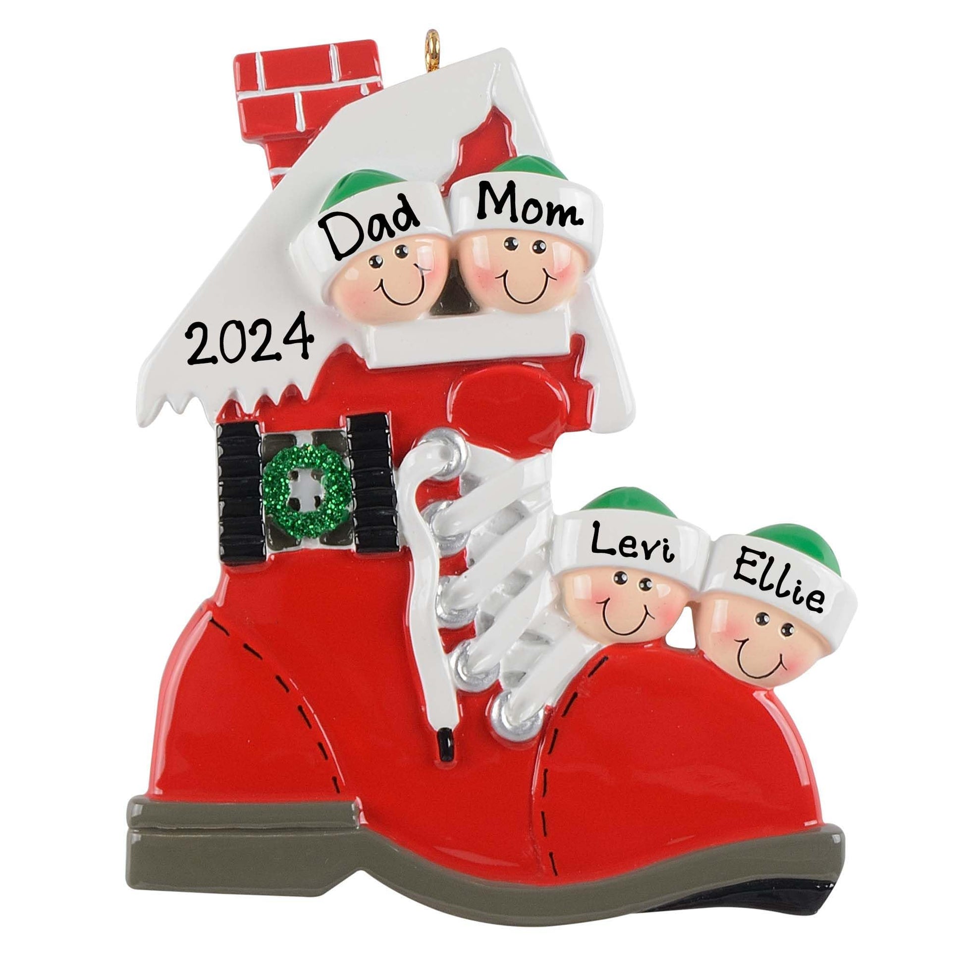 Personalized Santa Red Boot House Family Ornament (Family of 4)