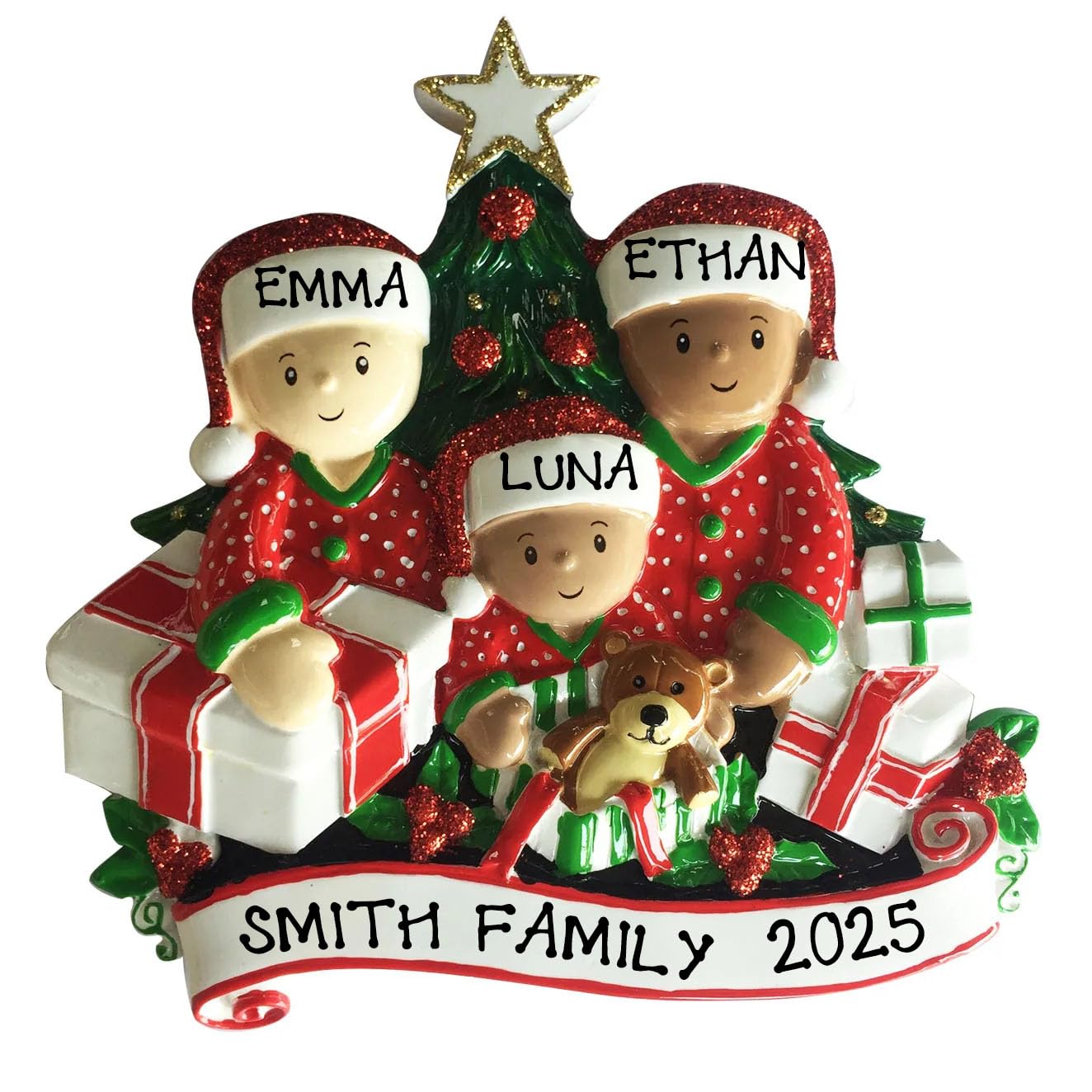 Personalized Christmas Ethnic Family Christmas Tree Hanging Ornament-Interracial Family Opening Personalized Ornament- Customized (Family of 3)