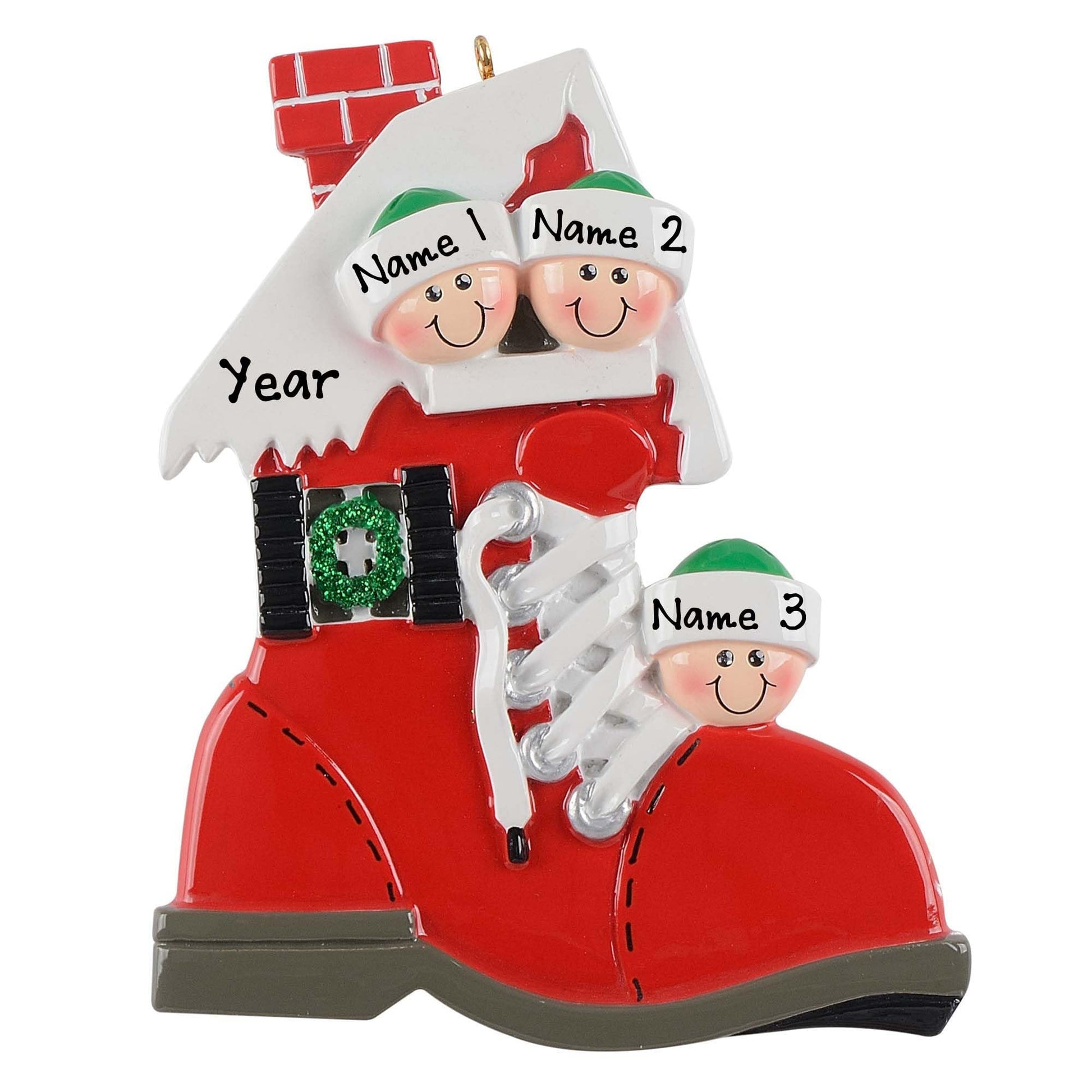 Personalized Santa Red Boot House Family Ornament (Family of 3)