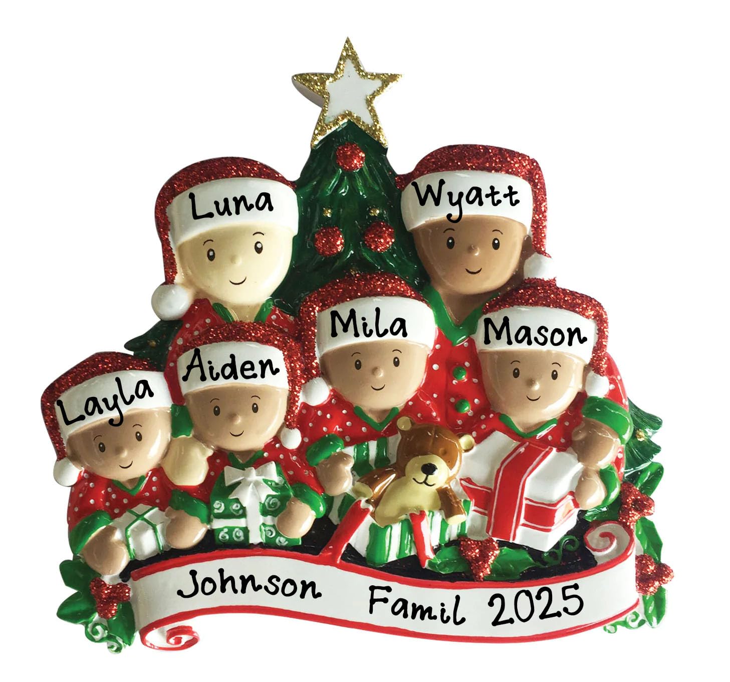 Personalized Christmas Ethnic Family Christmas Tree Hanging Ornament-Interracial Family Opening Personalized Ornament- Customized (Family of 6)
