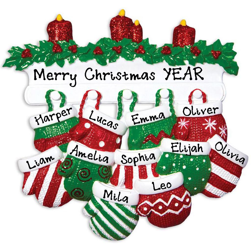 Personalized Red Green Mitten Family Christmas Tree Ornament Free Personalized (Family of 11)