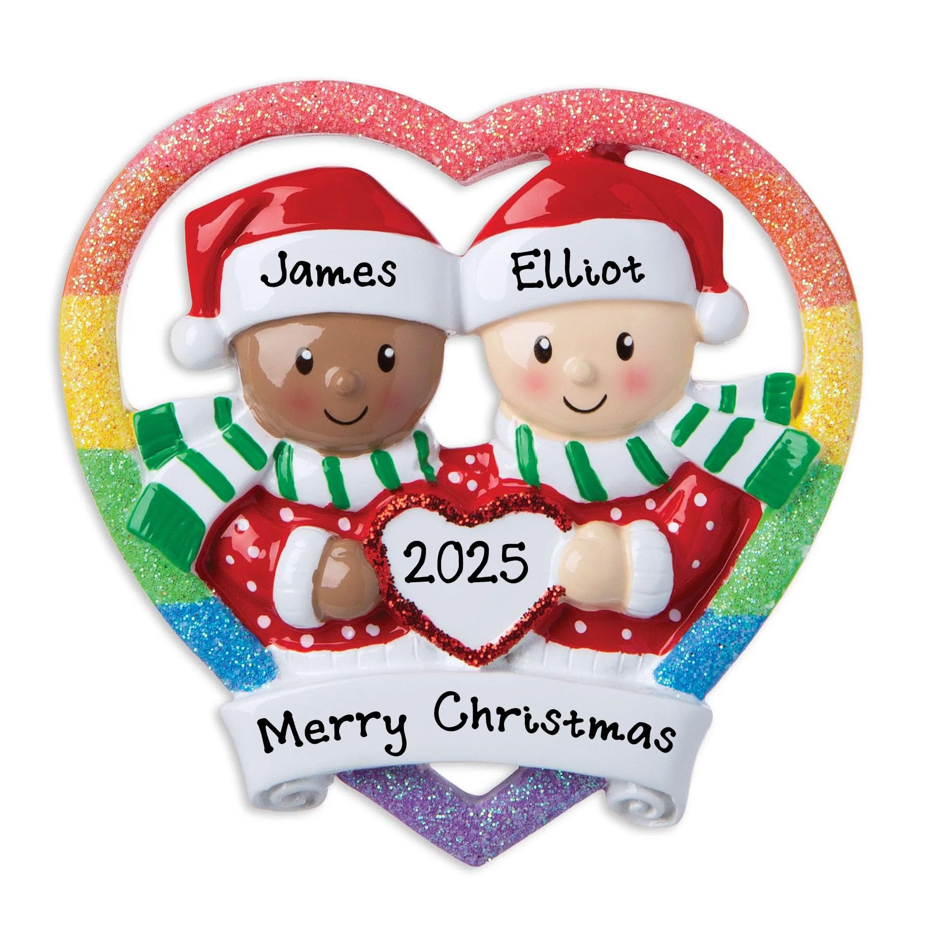 Personalized Couple Ornaments 2025 | Interracial Gay Couple Personalized Christmas Ornament - Our First Christmas Together Ornaments - Mixed Race Couple (Interracial Rainbow Heart Couple)