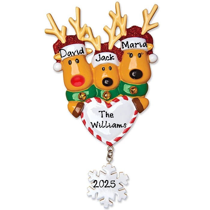 Reindeer Family with Santa Hat Personalized Ornament (Family of 3)