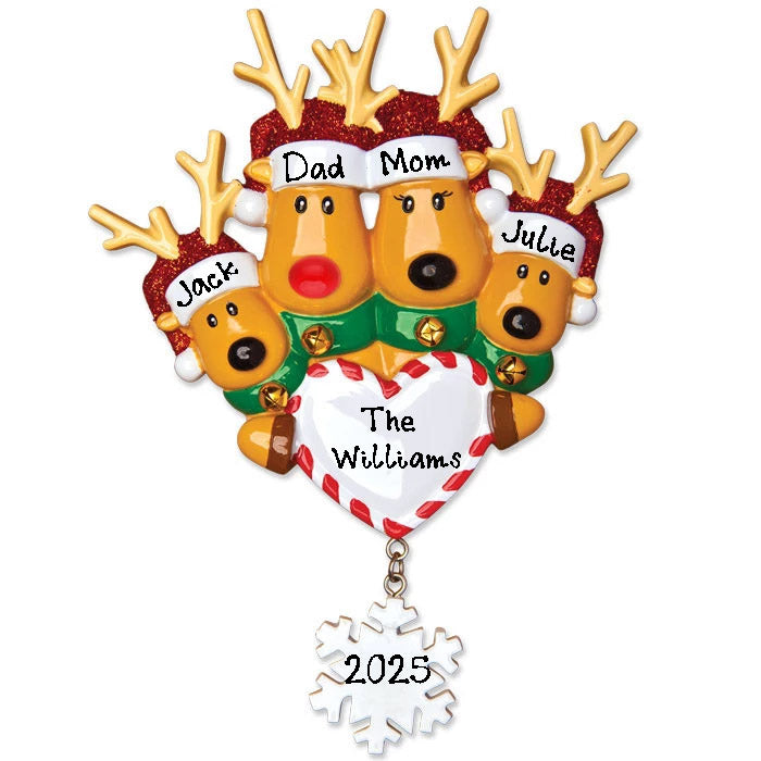 Reindeer Family with Santa Hat Personalized Ornament (Family of 4)