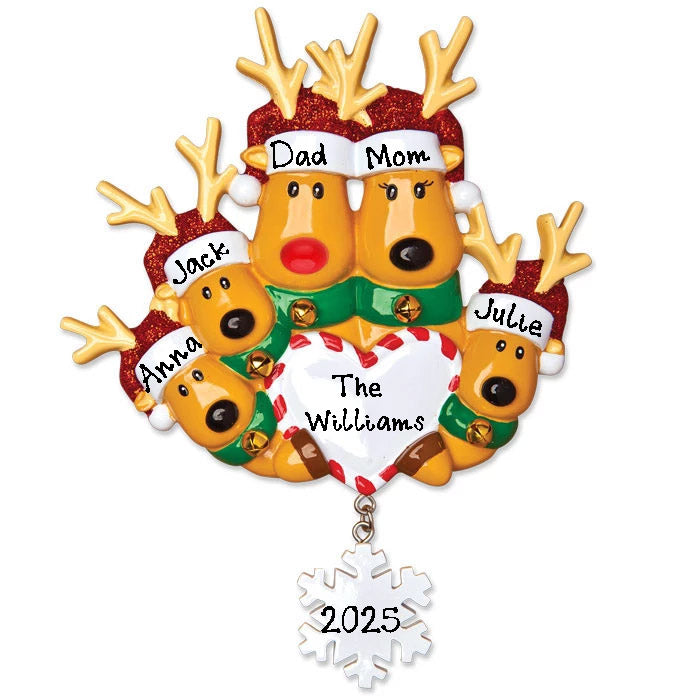 Reindeer Family with Santa Hat Personalized Ornament (Family of 5)