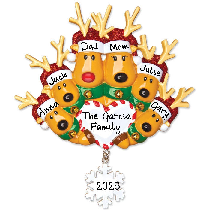 Reindeer Family with Santa Hat Personalized Ornament (Family of 6)