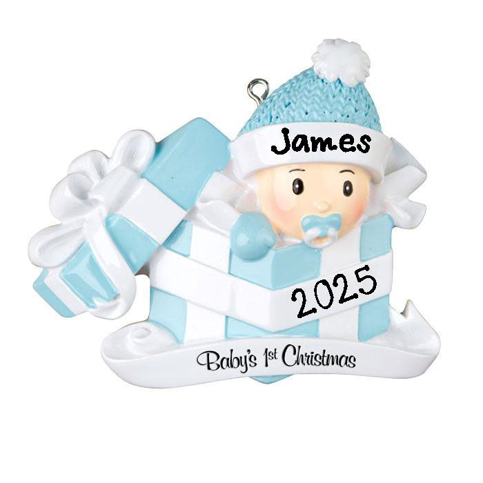 Baby in Present Personalized Ornament (Blue)