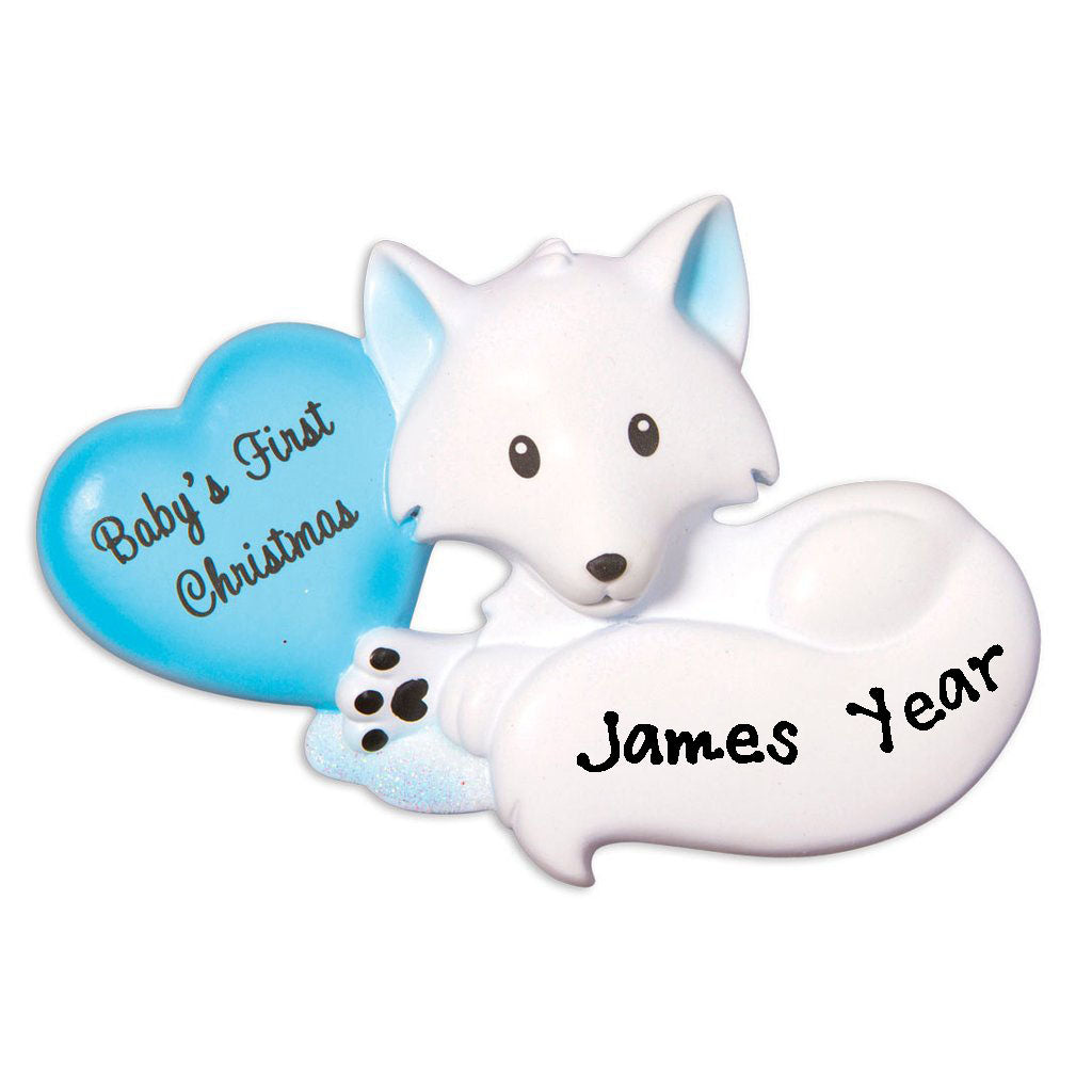 Baby`s First Christmas Fox Zoo Personalized Ornament (Blue)
