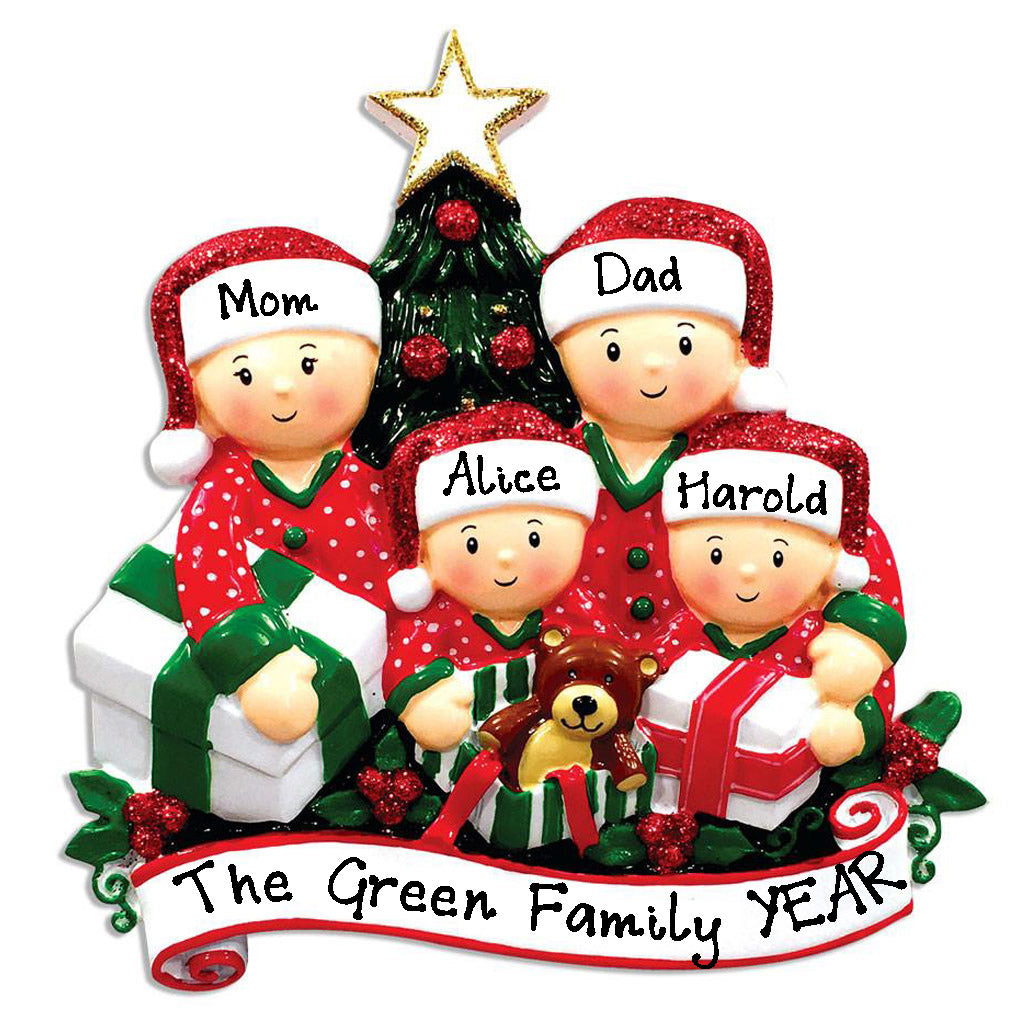 Opening Present Family Pajamas Personalized Ornament (Family of 4)