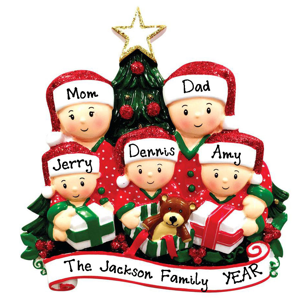 Opening Present Family Pajamas Personalized Ornament (Family of 5)