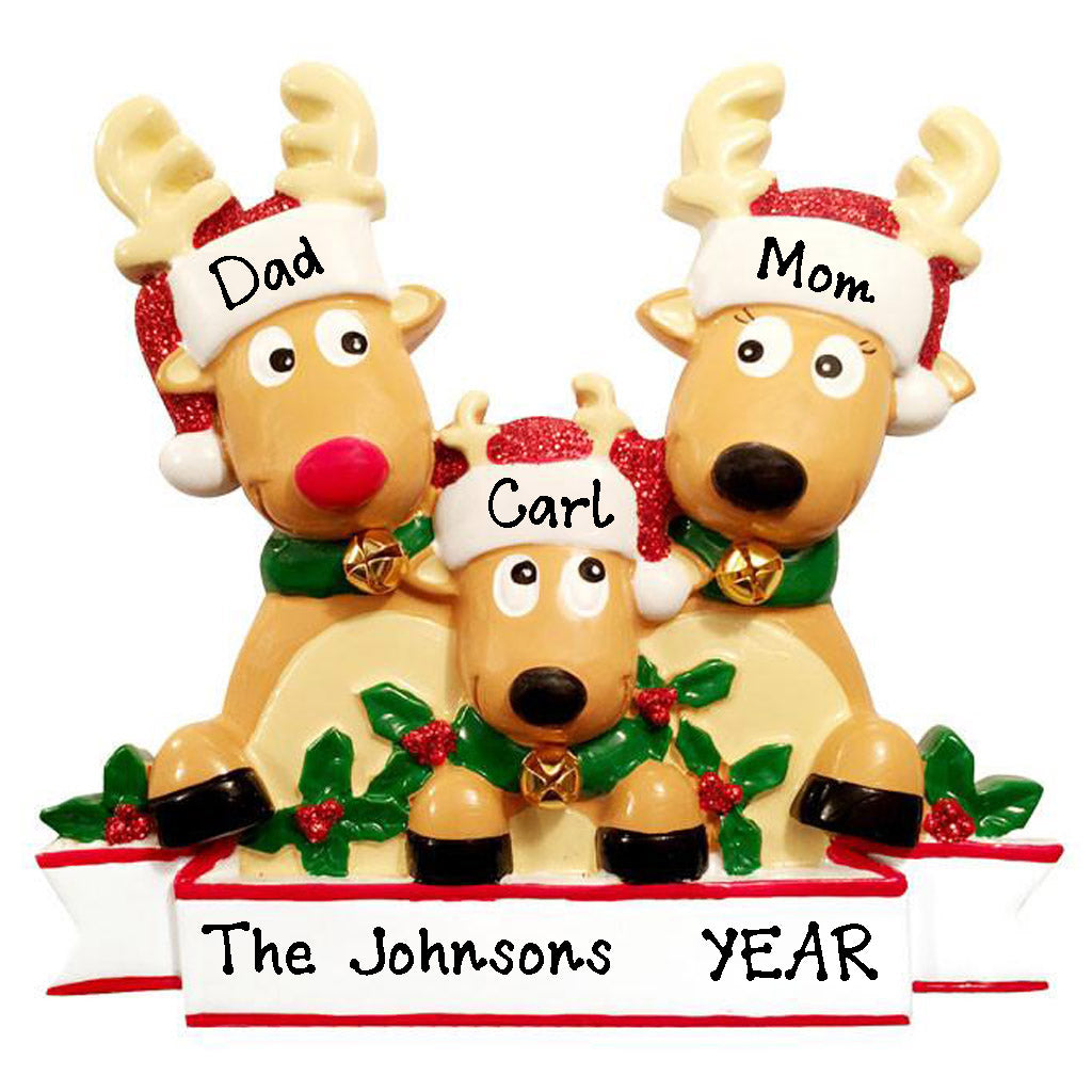 Cozy Reindeer Family Christmas Personalized Ornament (Family of 3)