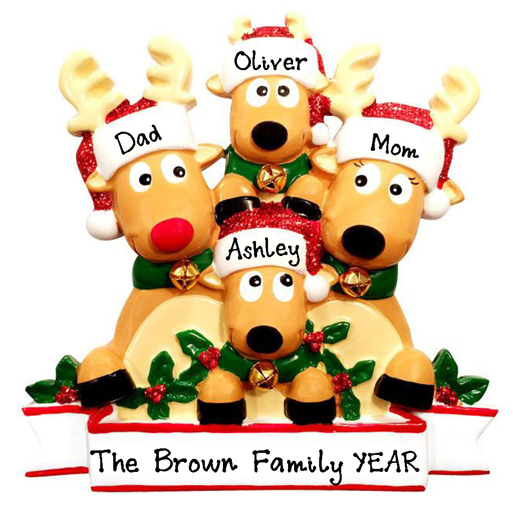 Cozy Reindeer Family Personalized Ornament (Family of 4)
