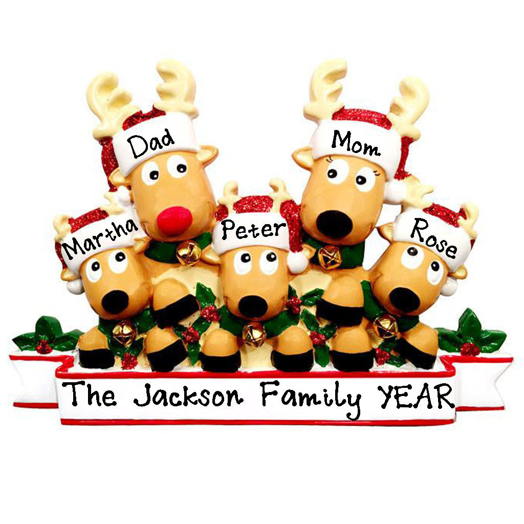 Cozy Reindeer Family Christmas Personalized Ornament (Family of 5)