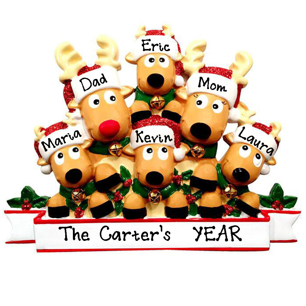 Cozy Reindeer Family Christmas Personalized Ornament (Family of 6)