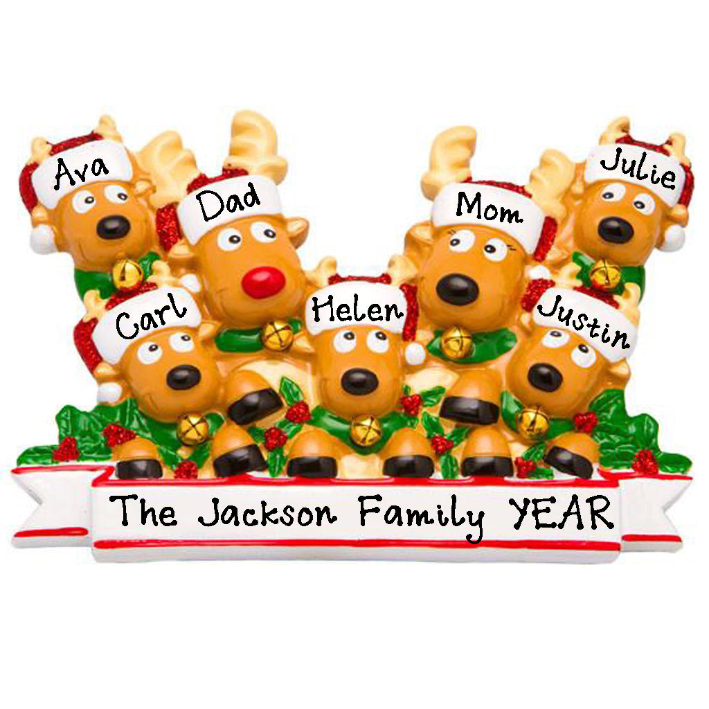 Cozy Reindeer Family Personalized Ornament (Family of 7)
