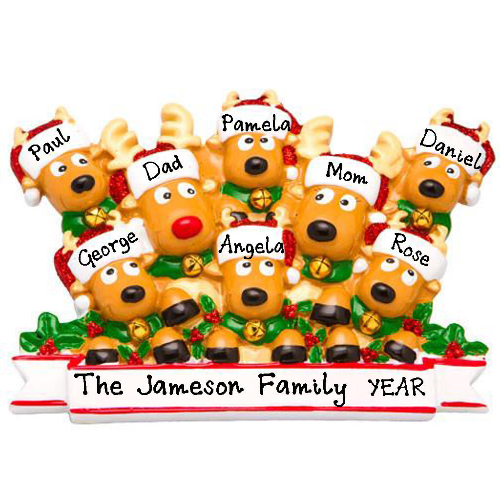 Personalized Family of 8 Cozy Reindeer Christmas Ornament
