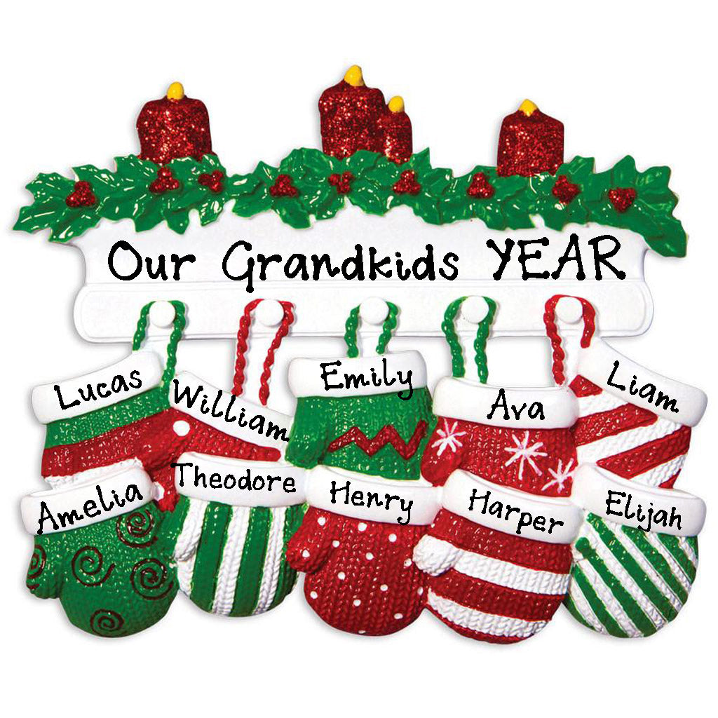 Red Green Mitten Family Personalized Ornament (Family of 10)