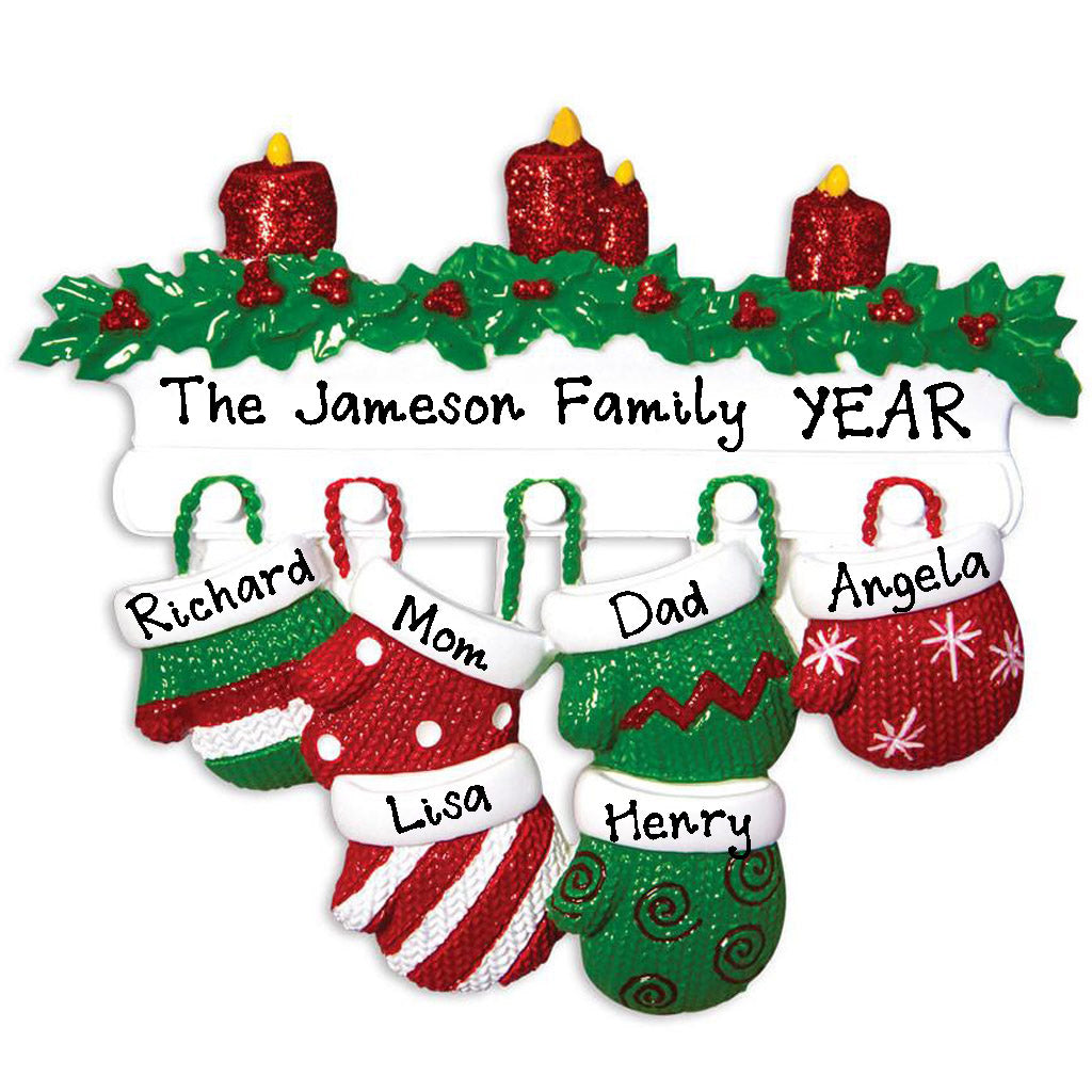 Red Green Mitten Family Personalized Ornament (Family of 6)
