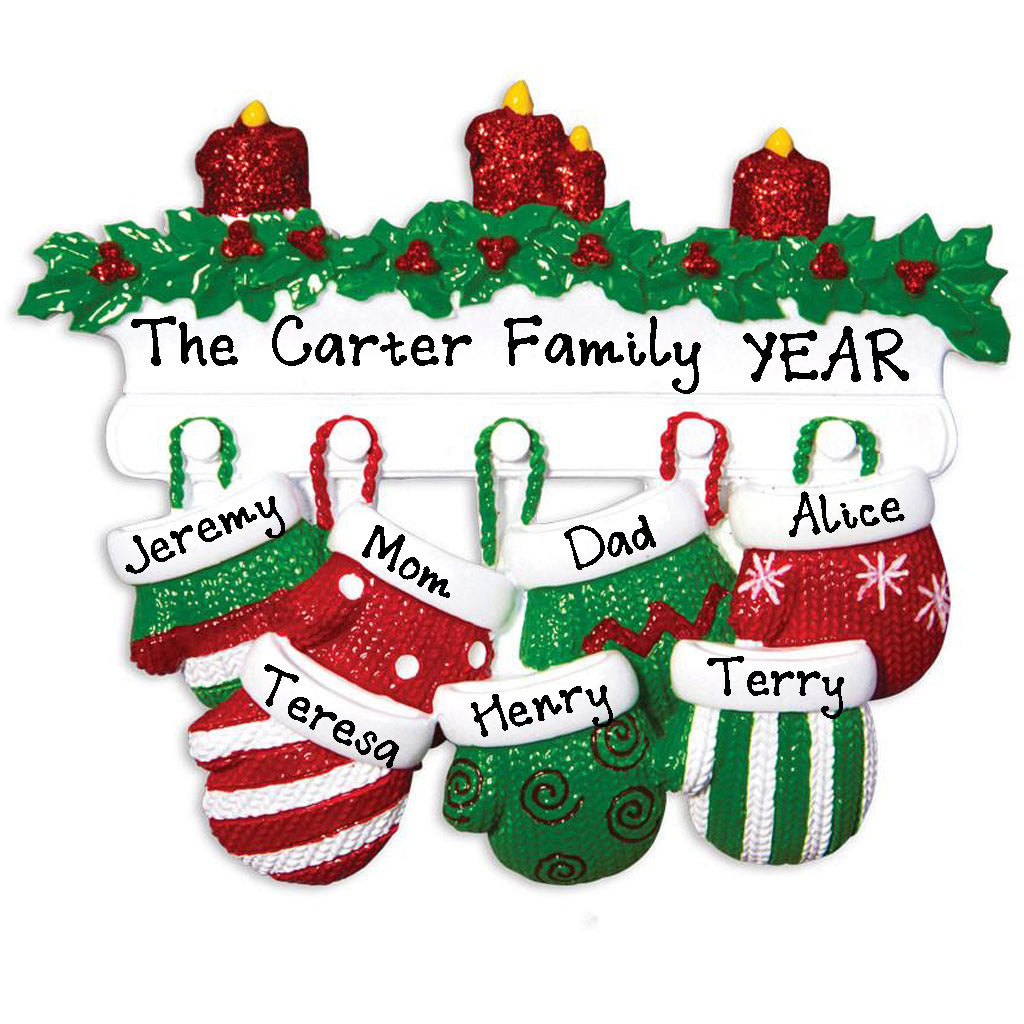 Red Green Mitten Family Personalized Ornament (Family of 7)