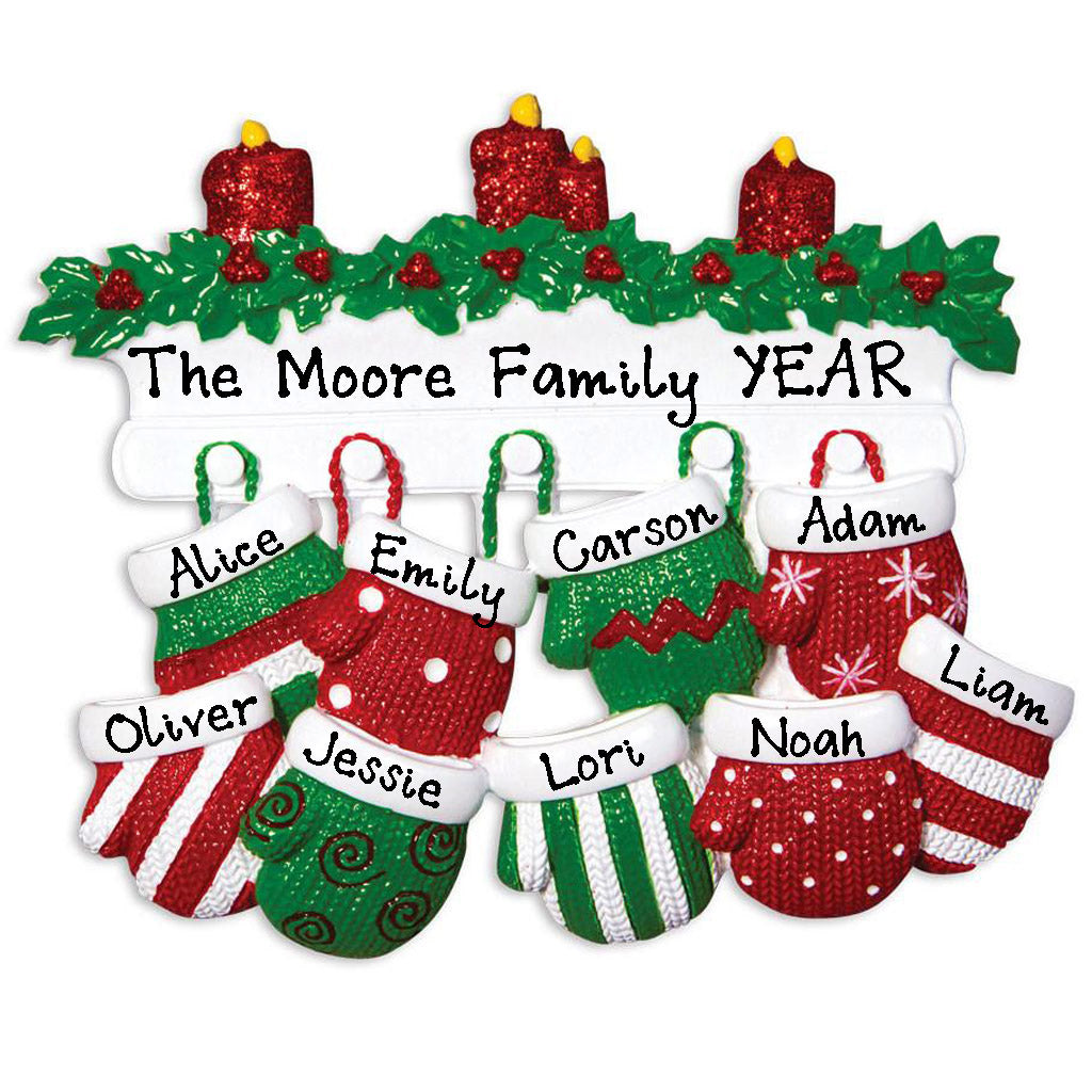 Red Green Mitten Family Personalized Ornament (Family of 9)
