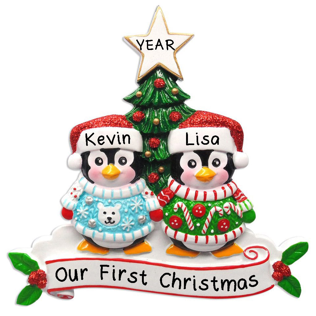 Ugly Christmas Sweater Penguin Family Personalized Ornament (Family of 2)