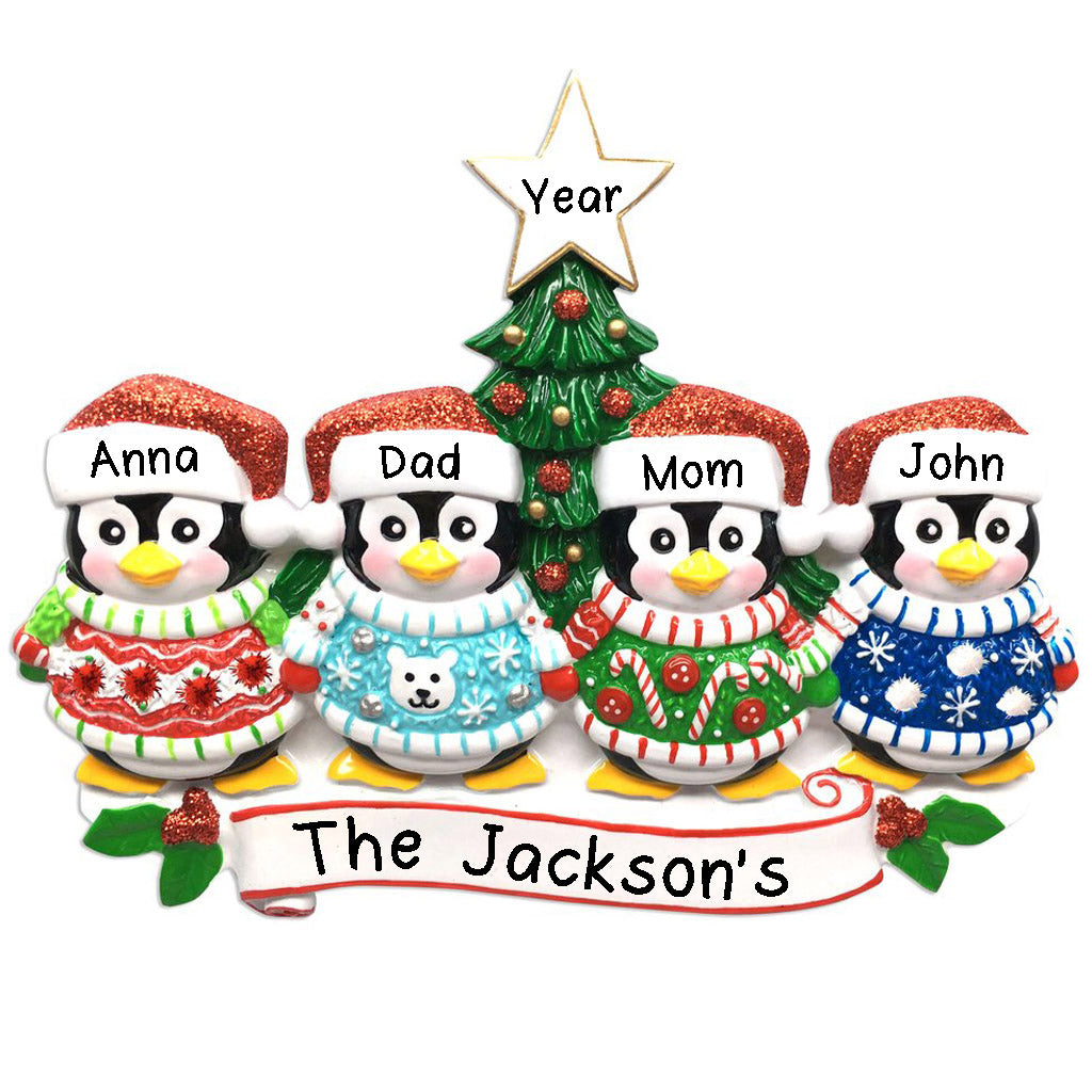 Ugly Christmas Sweater Penguin Family Personalized Ornament (Family of 4)