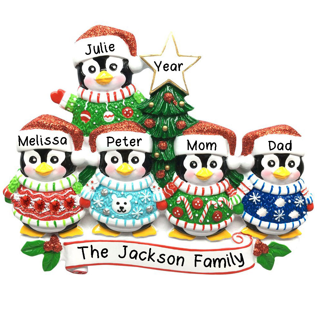 Ugly Christmas Sweater Penguin Family Personalized Ornament (Family of 5)