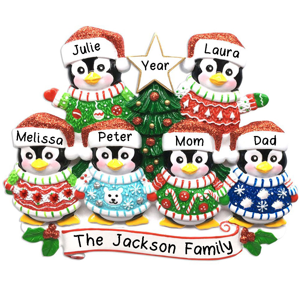 Ugly Christmas Sweater Penguin Family Personalized Ornament (Family of 6)