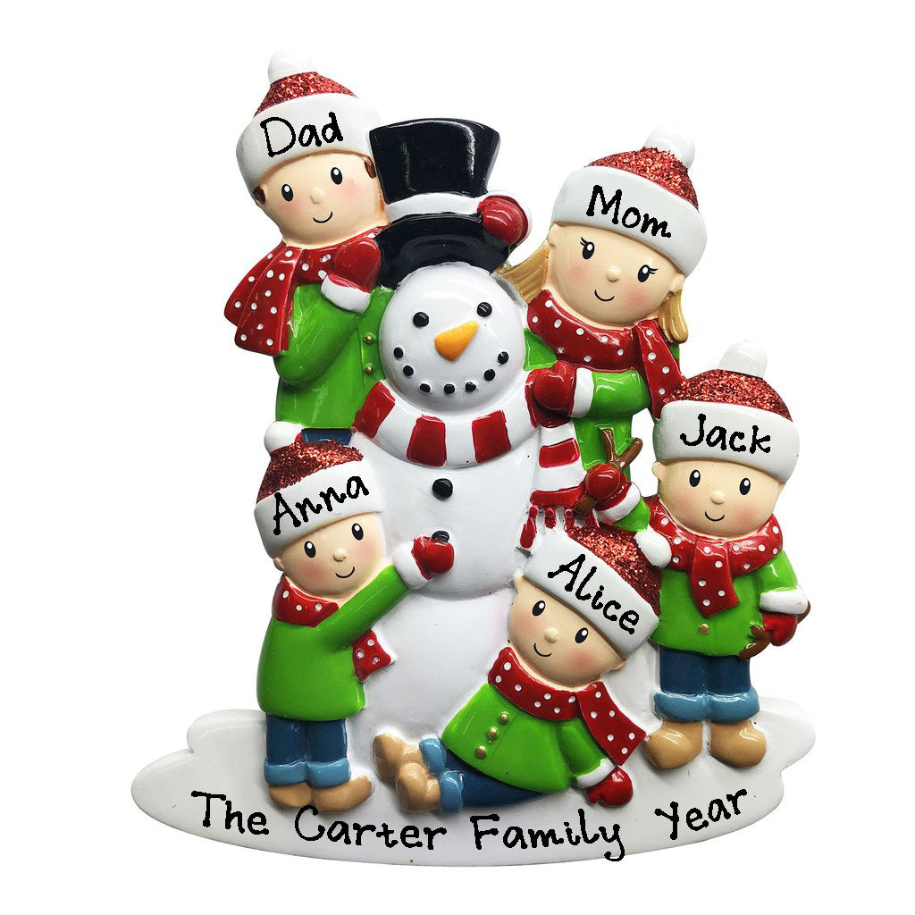 Building Snowman Family Personalized Ornament (Family of 5)