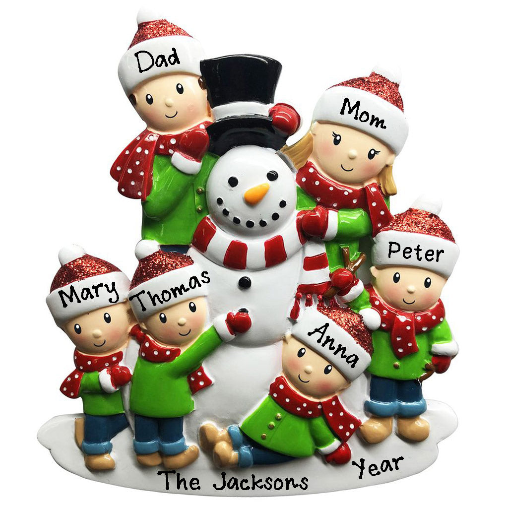 Building Snowman Family Personalized Ornament (Family of 6)