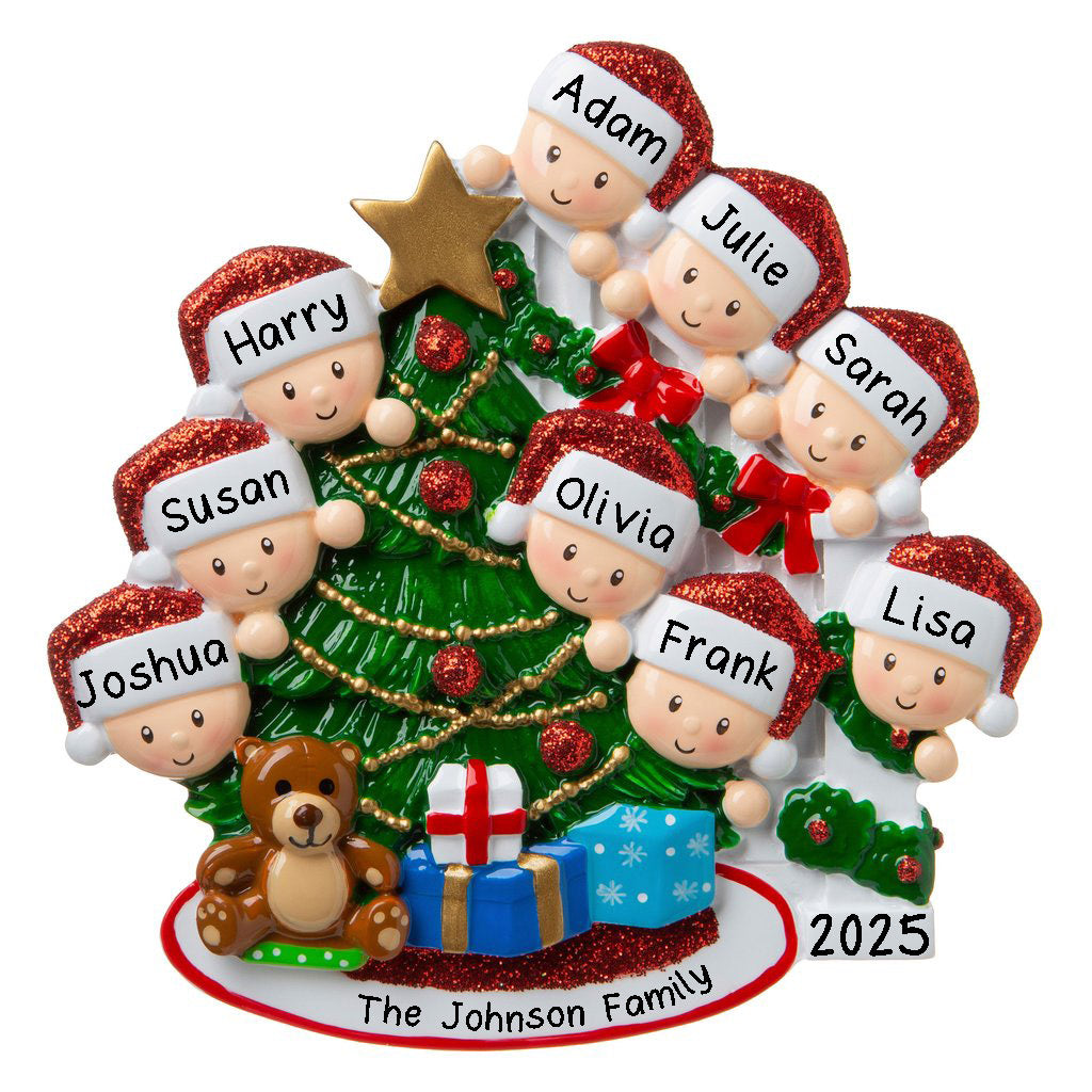 Peeking Family of 9 Christmas Ornament